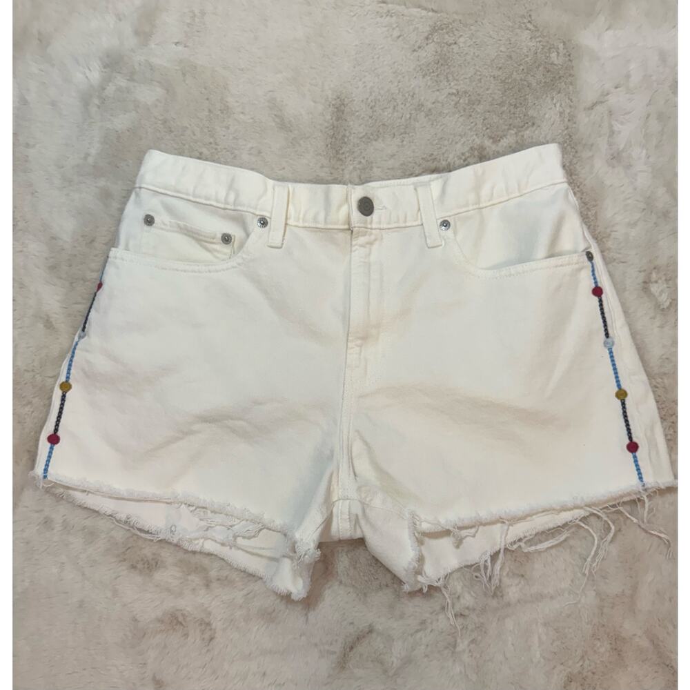 Lucky Brand White Denim Relaxed Short Raw Hem Geo Embroidery Size 10/30